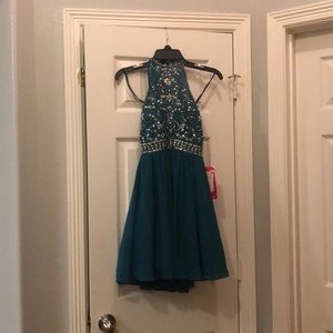 Semi formal, green beaded halter dress